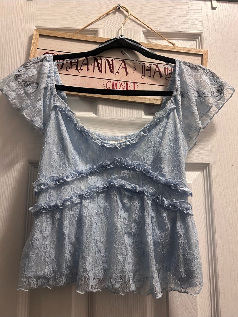 Light Blue Lace Ruffle Peplum Top -  Women